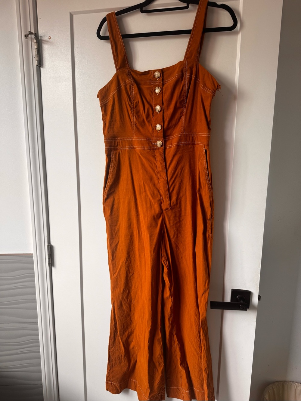 Anthropologie Maeve The Colette Jumpsuit in Rust Orange with Pink Trim